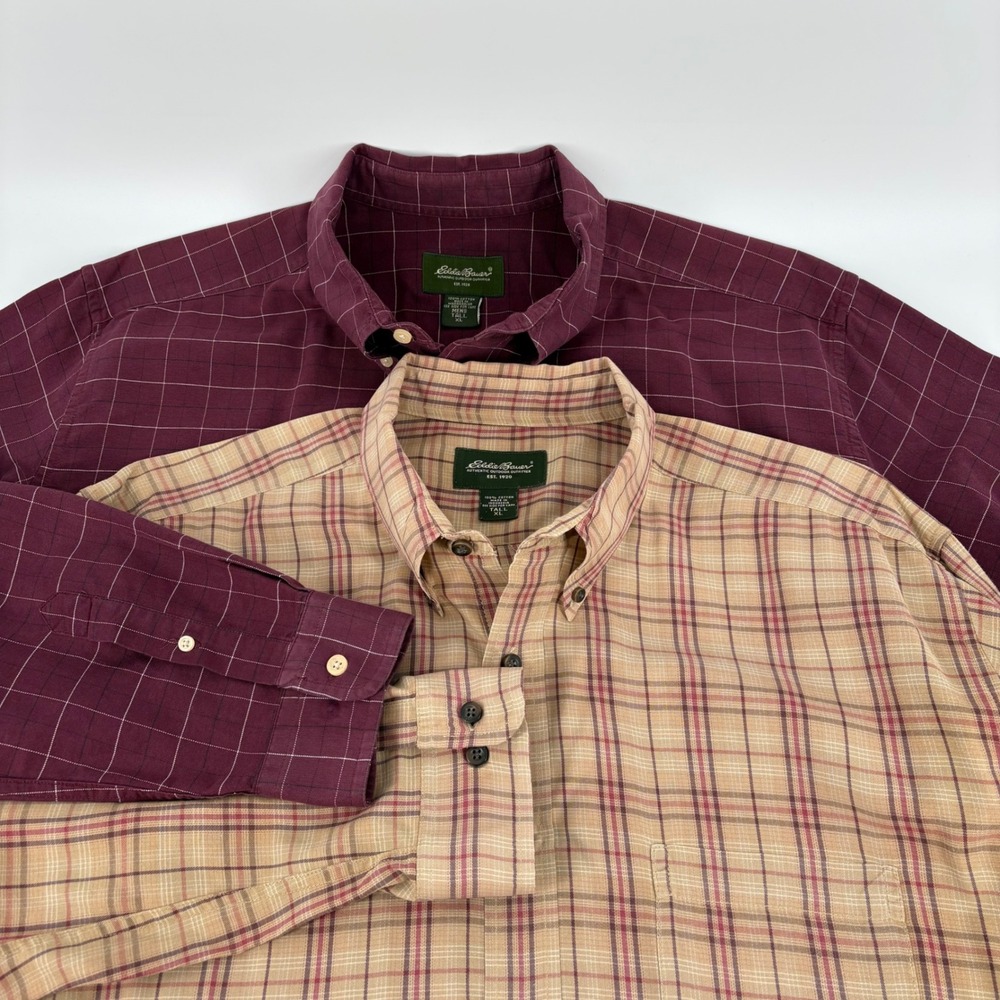 Lot of 2 Eddie Bauer Mens Tall XL Button Down Shirts Cotton Plaid Windowpane